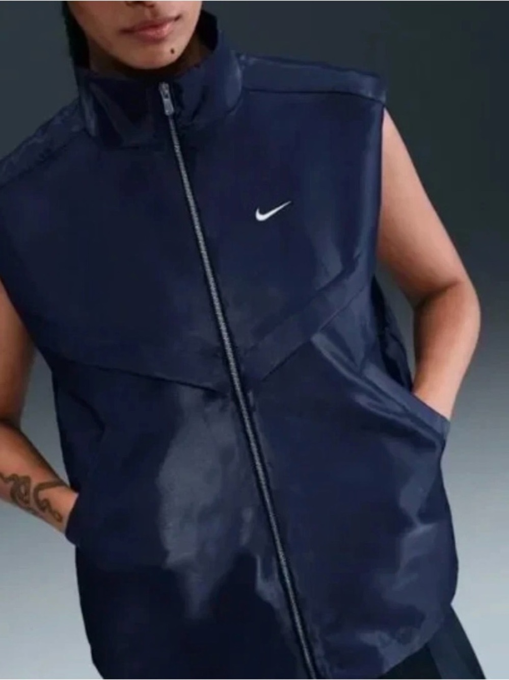 New Nike Navy Sleeveless Zip-Up Vest with White Swoosh Sz XS